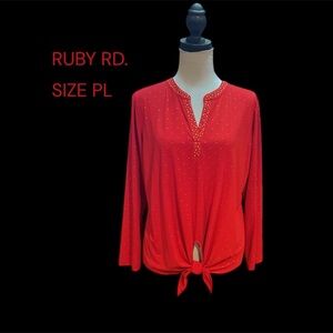 RUBY RD. SIZE PETITE LARGE LONG SLEEVE PULLOVER TOP, TWISTED KNOT GENTLY WORN